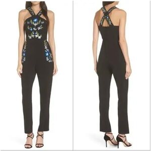 Foxiedox Black Jumpsuit with Blue Floral Embroidery